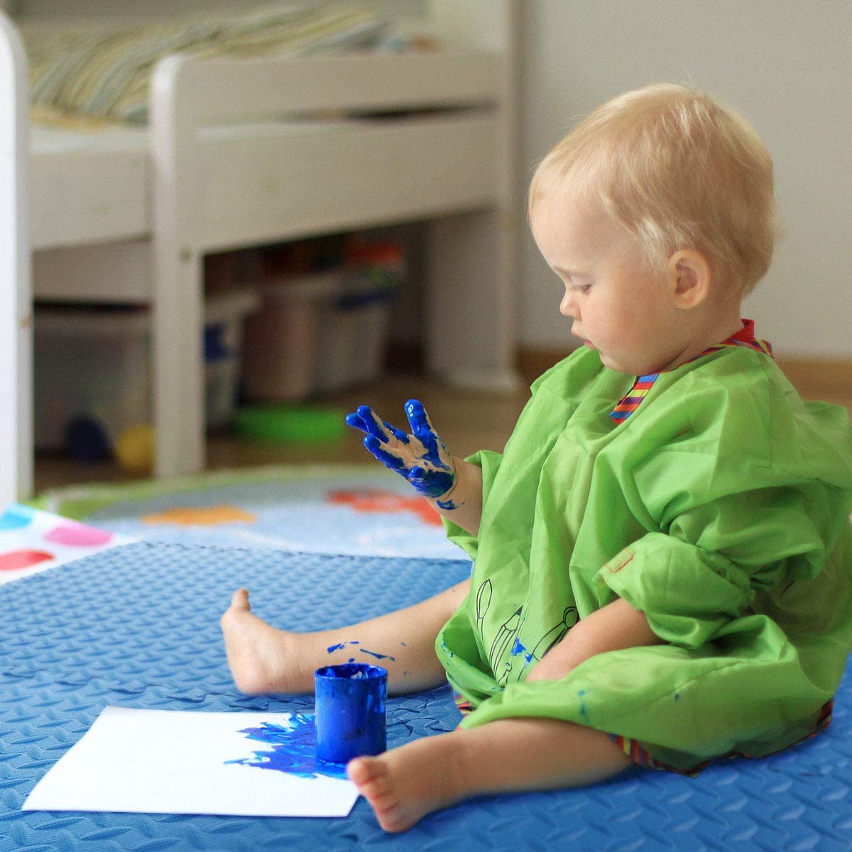 Toddler painting on blue 60×60cm interlocking EVA foam tiles