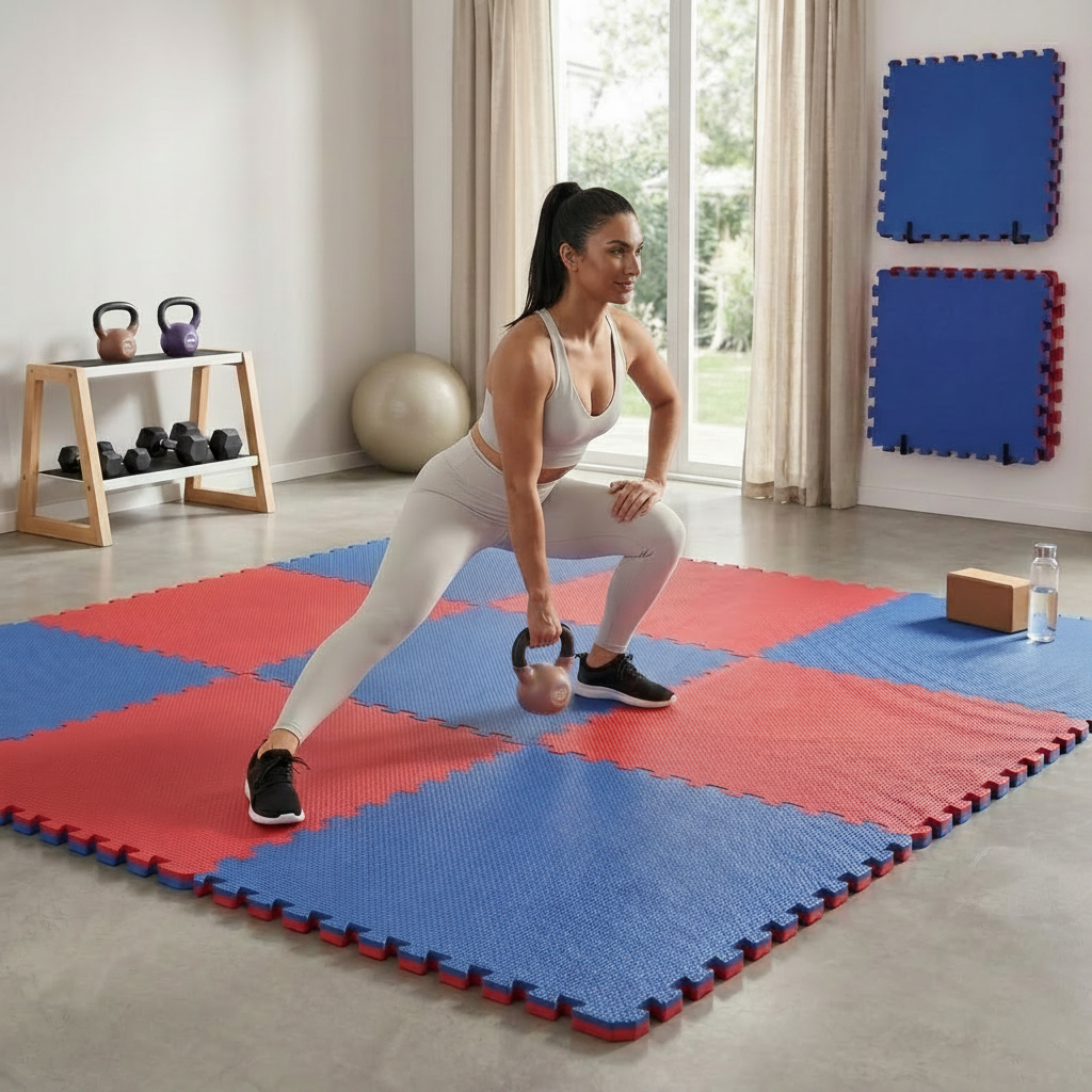 Woman in green activewear training with a kettlebell on blue and red interlocking EVA mats