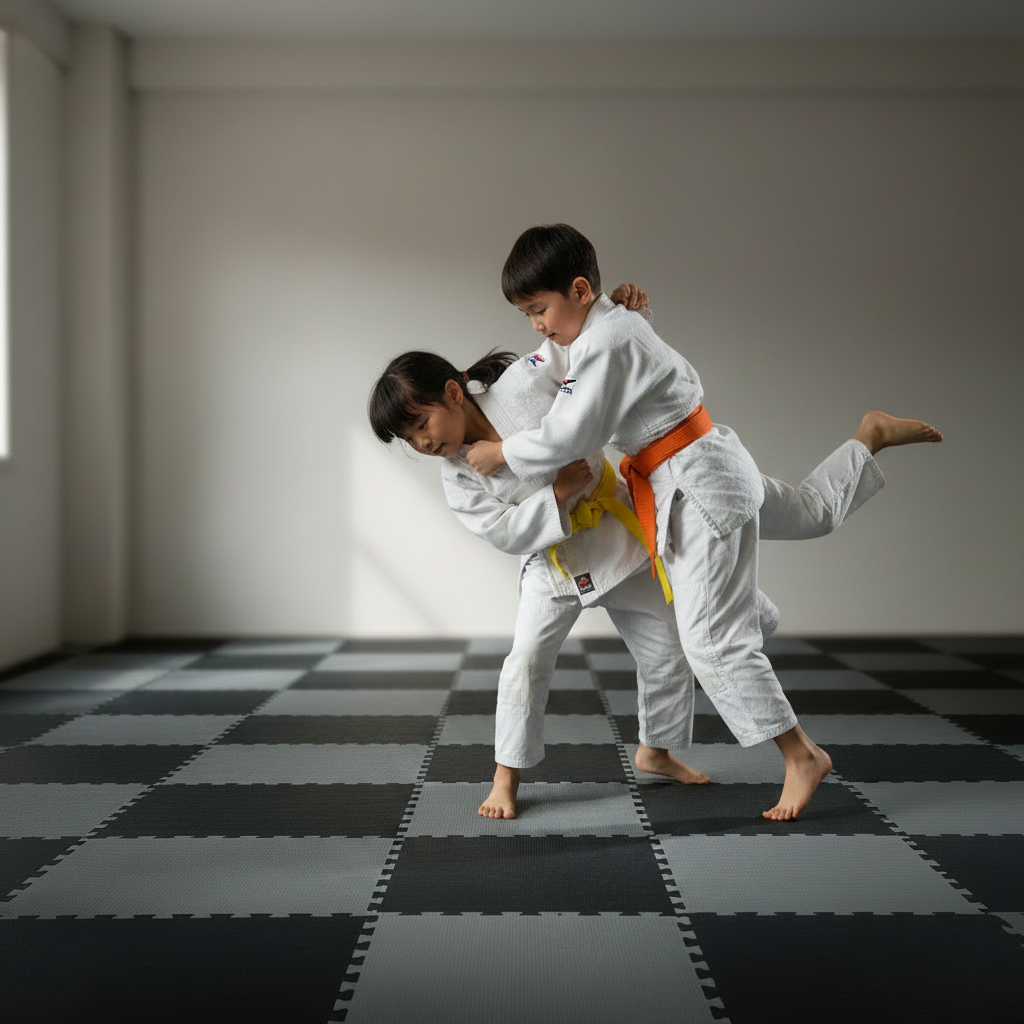 Karate practitioner in a white gi mid-kick on a 2cm black-and-grey checker EVA mat floor