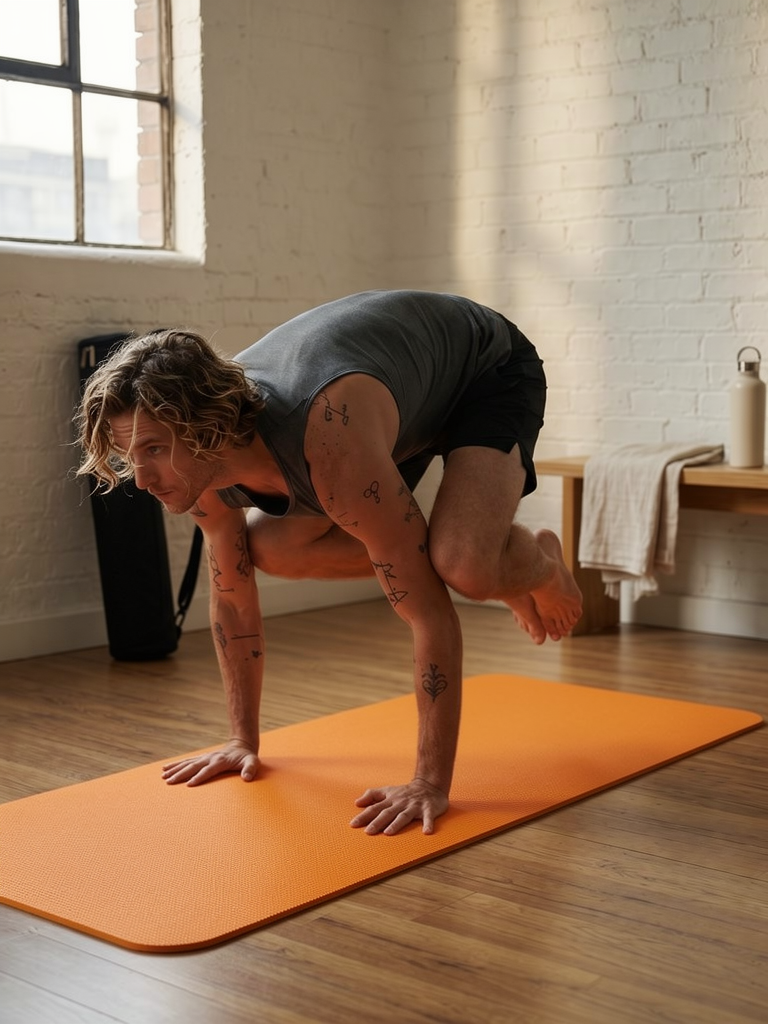 Woman in side plank on a navy and orange two-tone yoga mat